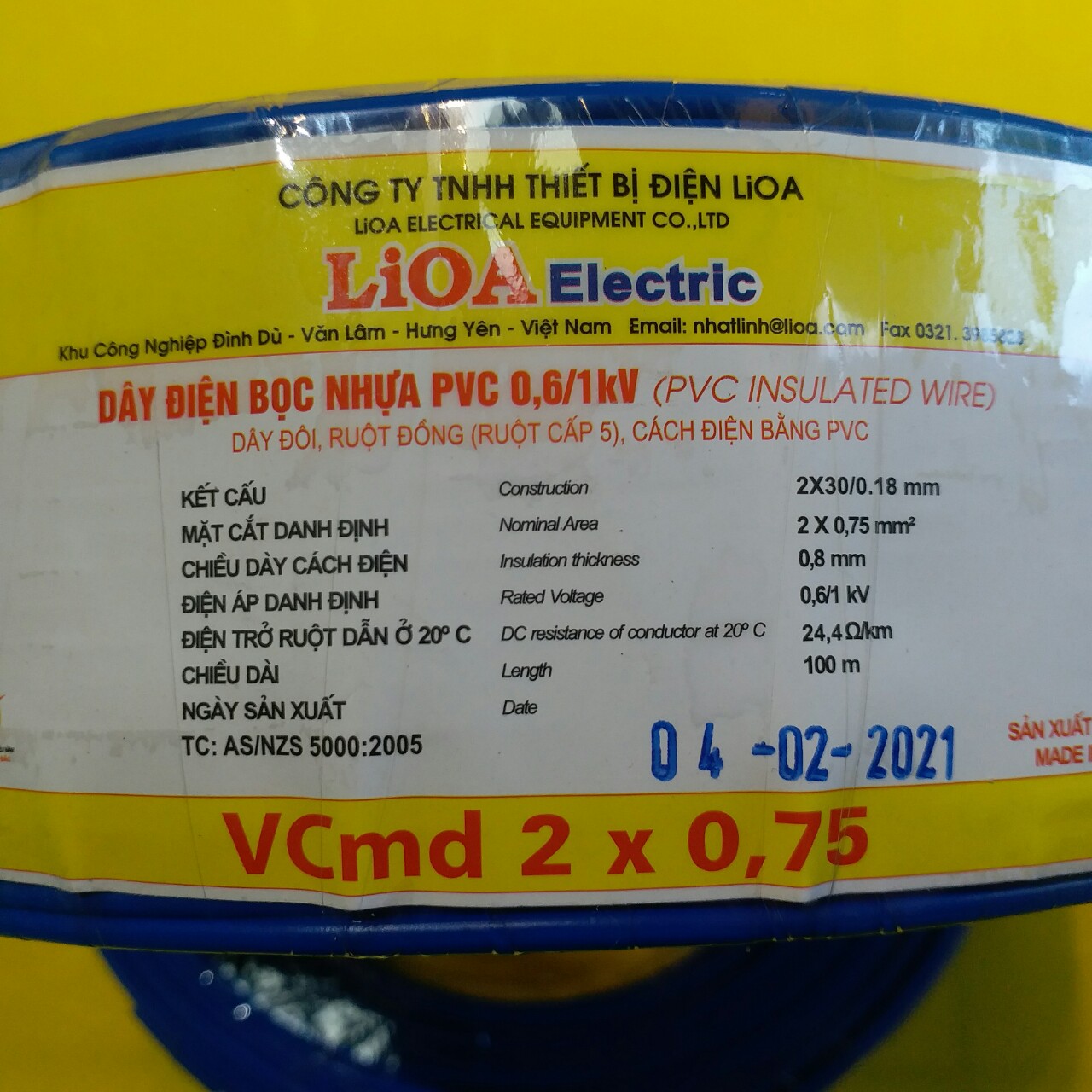 Dây điện VCMD 2x0.75 LIOA  màu xanh dương PVC 0,6/1kV